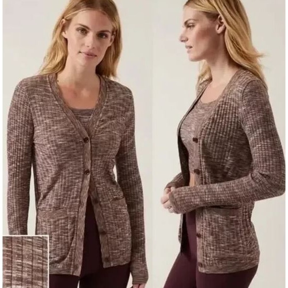 Athleta‎ Revolve Cardigan Sweater Sz XS Mahogany Heather Ribbed Seamless Pockets